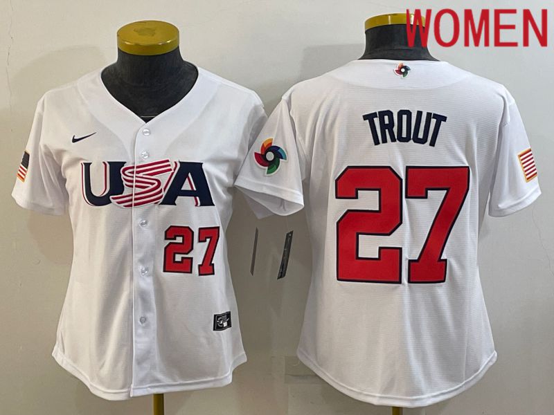 Women 2023 World Cub USA #27 Trout White Nike MLB Jersey2->women mlb jersey->Women Jersey